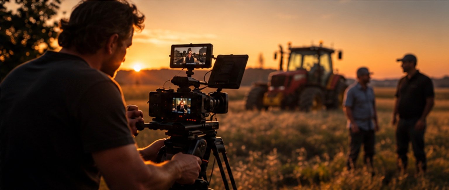 Tournage léger sur une exploitation au coucher du soleil